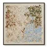 Textured abstract hand-painted canvas layered with cream, taupe, and pale blue brushstrokes, contemporary living space