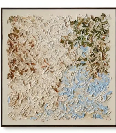 Textured abstract hand-painted canvas layered with cream, taupe, and pale blue brushstrokes, contemporary living space