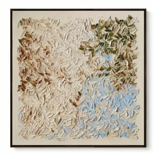 Textured abstract hand-painted canvas layered with cream, taupe, and pale blue brushstrokes, contemporary living space