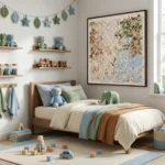 Textured abstract hand-painted canvas with layered cream, tan, and soft blue leaf shapes, children's bedroom