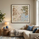 Textured abstract hand-painted canvas in cream, tan, and soft blue tones, contemporary living space
