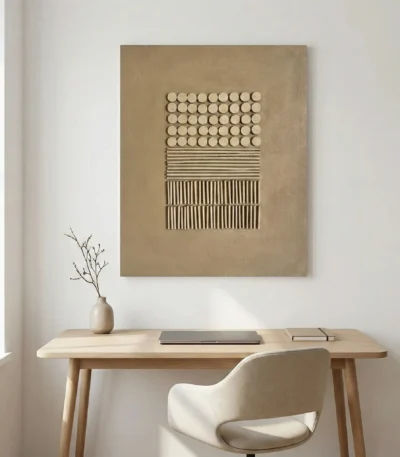Minimalist abstract hand-painted canvas with circular and linear elements in cream and taupe, modern workspace