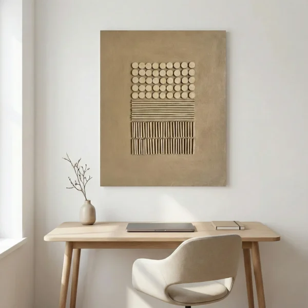 Minimalist abstract hand-painted canvas with circular and linear elements in cream and taupe, modern workspace