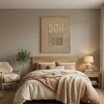 Minimalist hand-painted canvas with geometric circles and linear patterns in cream and natural tones, contemporary bedroom setting