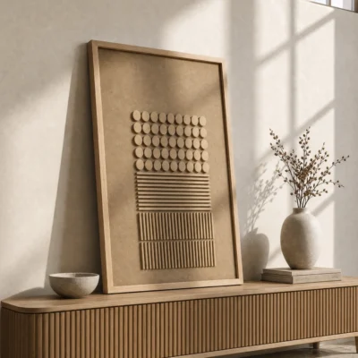 Graduated Grid textured wall art shown framed on the wall in a styled interior