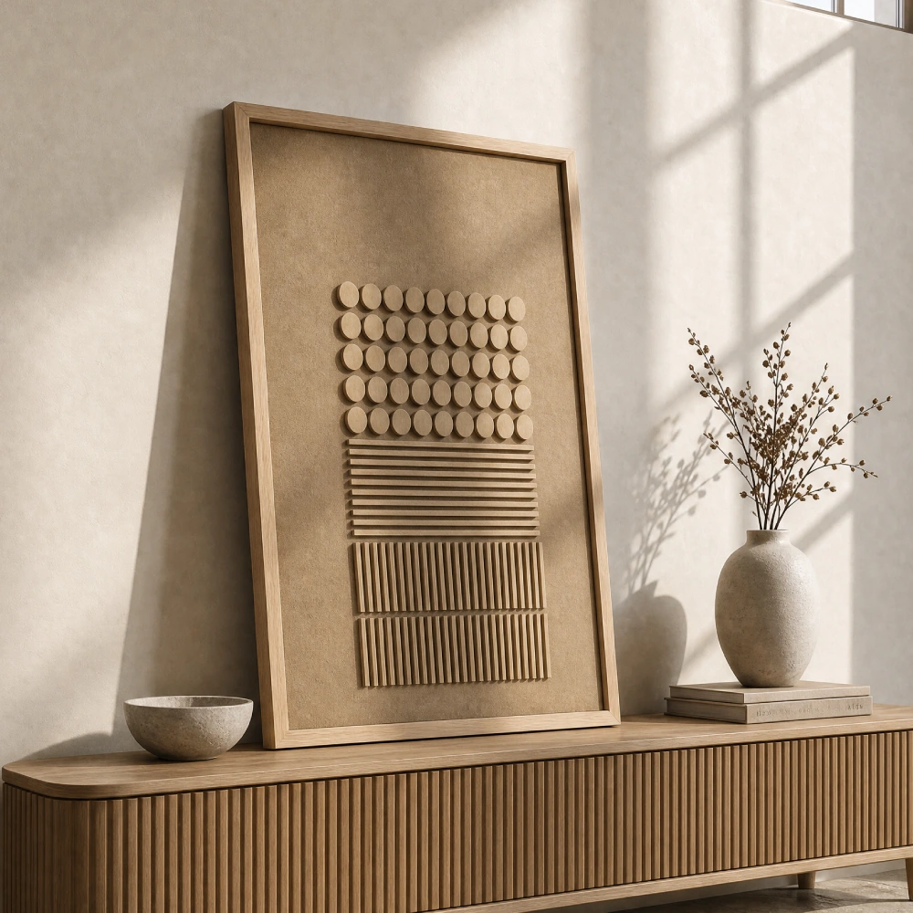 Graduated Grid textured wall art shown framed on the wall in a styled interior