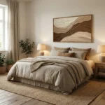 Textured abstract hand-painted canvas with layered cream and brown organic waves, contemporary bedroom