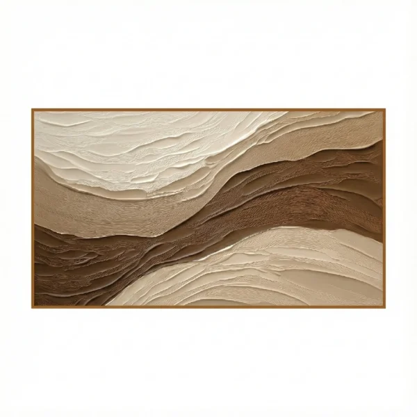 Heavily textured cream, tan and brown impasto in sand-dune-like waves, thin gold frame, panoramic