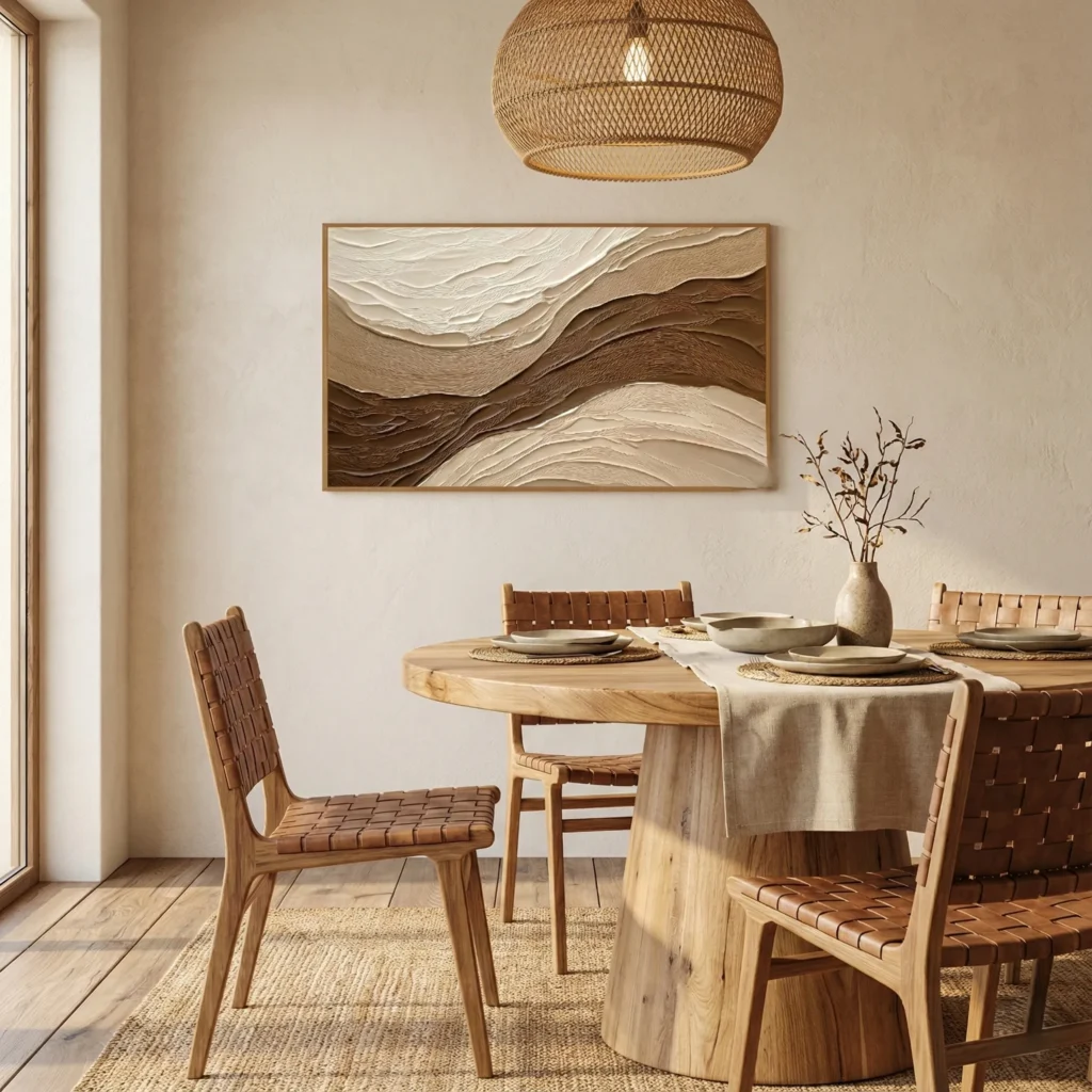 Textured abstract hand-painted canvas in layered cream and chocolate tones with flowing organic waves, dining space setting
