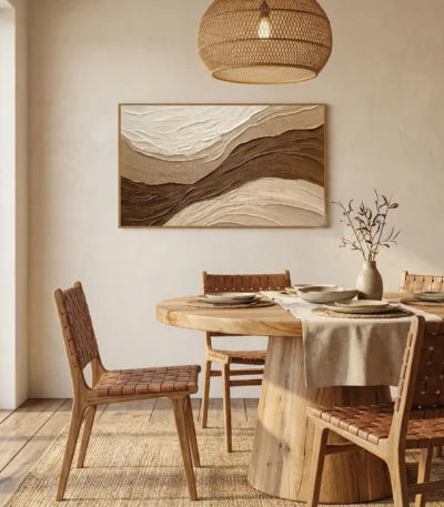 Textured abstract hand-painted canvas in layered cream and chocolate tones with flowing organic waves, dining space setting