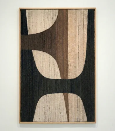 Minimalist hand-painted canvas with organic curved forms in cream, brown, and charcoal tones, contemporary wall art