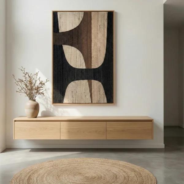 Abstract hand-painted canvas with organic curved shapes in charcoal, cream and taupe tones, modern entryway