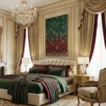 Textured abstract hand-painted canvas in layered emerald and burgundy tones with geometric cube pattern, classic bedroom setting
