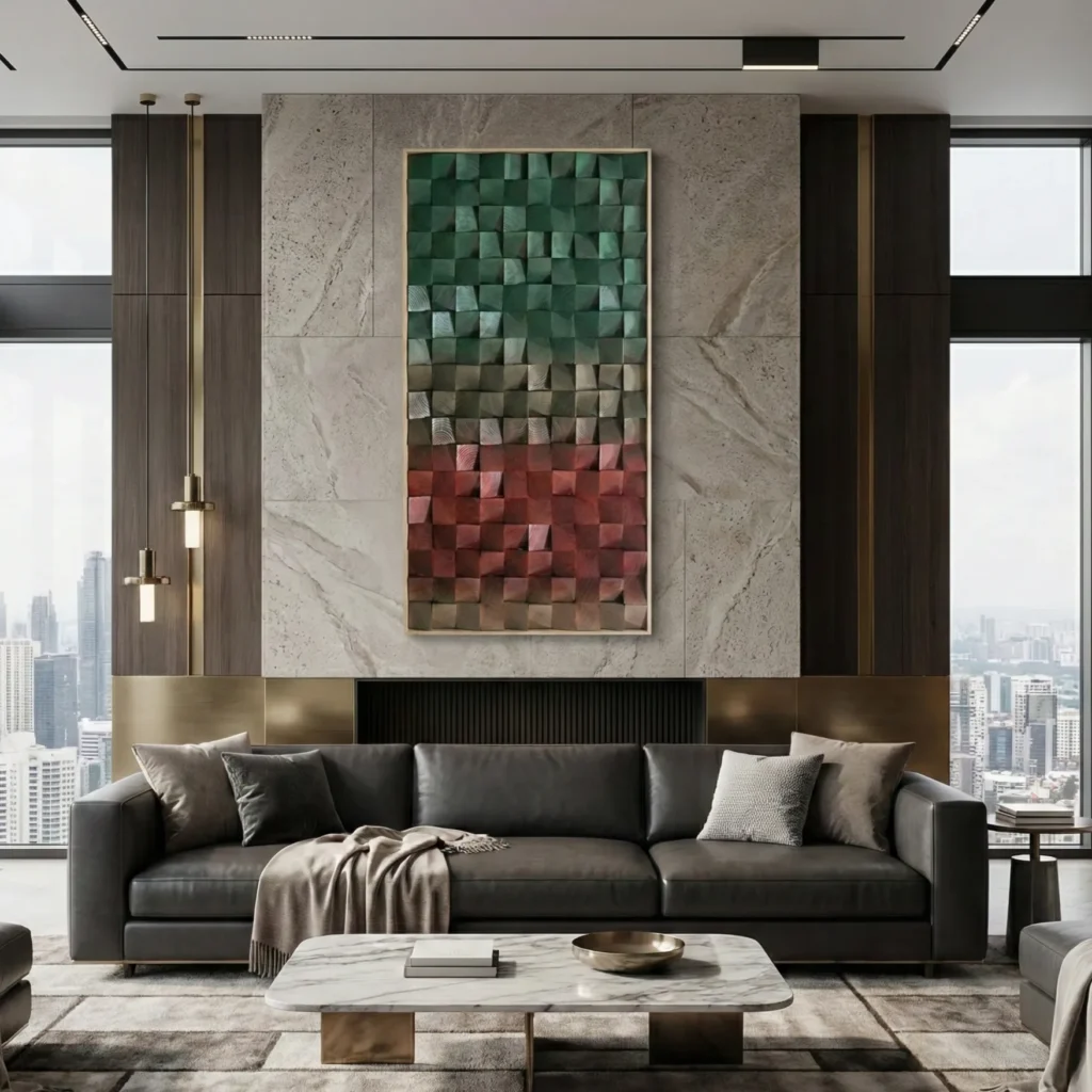 Textured abstract hand-painted canvas in layered green, cream, and deep red tones, modern high-rise interior