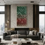 Textured abstract hand-painted canvas in layered green, cream, and deep red tones, modern high-rise interior