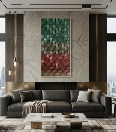 Textured abstract hand-painted canvas in layered green, cream, and deep red tones, modern high-rise interior