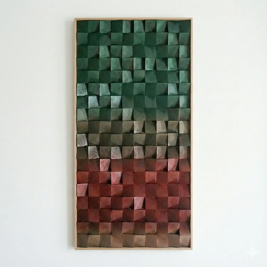 Textured abstract hand-painted canvas with gradient color blocks transitioning from deep green through warm browns to dusty rose tones