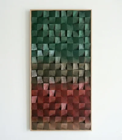 Textured abstract hand-painted canvas with gradient color blocks transitioning from deep green through warm browns to dusty rose tones