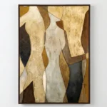 Layered abstract hand-painted canvas featuring intertwining female figures in cream, ochre, and charcoal tones