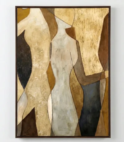 Layered abstract hand-painted canvas featuring intertwining female figures in cream, ochre, and charcoal tones