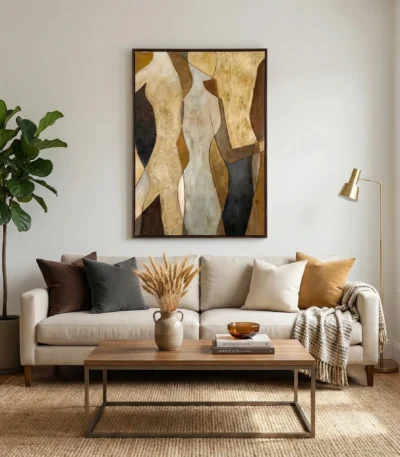 Layered abstract hand-painted canvas in warm earth tones and metallic gold, contemporary living space