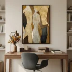 Contemporary abstract hand-painted canvas in layered cream, gold, and charcoal tones, modern home office