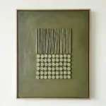 Minimalist hand-painted canvas with vertical striped texture and geometric circular grid in muted sage green and cream tones