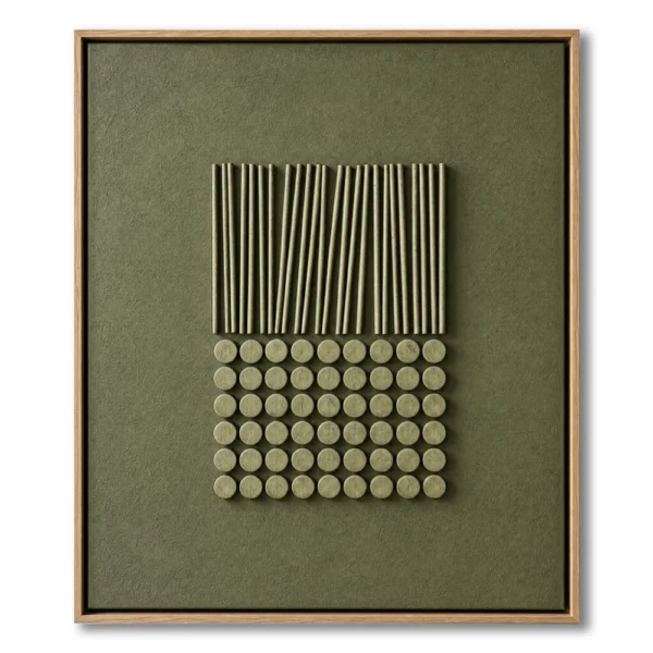Olive-green raised relief in a graduated grid of sticks and circles, natural wood frame