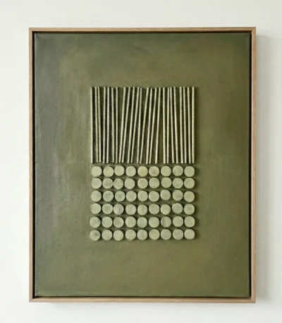 Minimalist hand-painted canvas with vertical striped texture and geometric circular grid in muted sage green and cream tones