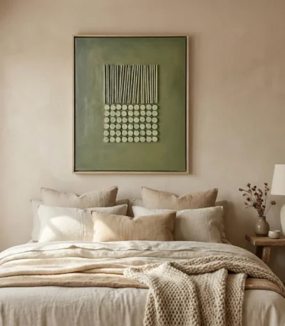 Minimalist hand-painted canvas with vertical lines transitioning to geometric circles in cream and sage tones, contemporary bedroom