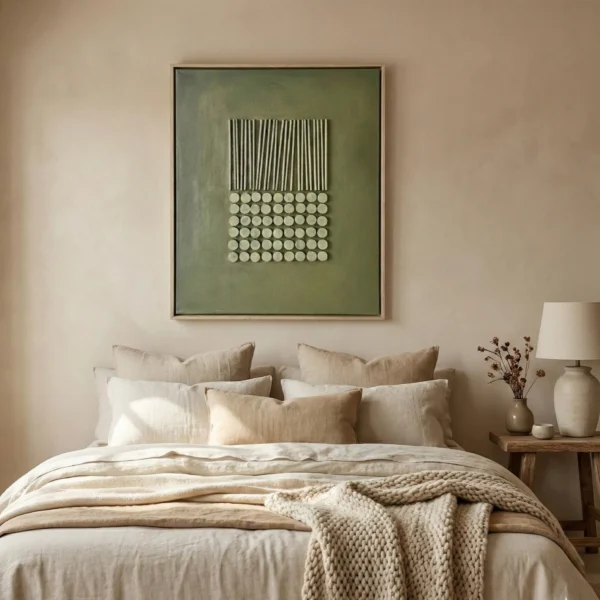 Minimalist hand-painted canvas with vertical lines transitioning to geometric circles in cream and sage tones, contemporary bedroom