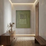 Minimalist hand-painted canvas with vertical lines and geometric circles in sage green and cream, modern entryway