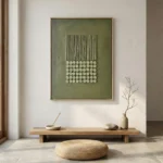 Minimalist hand-painted canvas with vertical lines and geometric circles in soft sage green and cream, contemporary interior setting