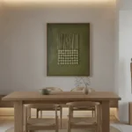 Minimalist abstract hand-painted canvas with vertical lines and geometric circles in muted sage and cream, dining space