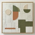 Minimalist hand-painted canvas with geometric shapes in muted greens, terracotta, and cream tones, textured neutral background