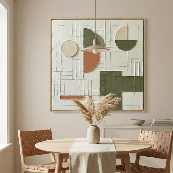 Abstract hand-painted canvas with geometric shapes in sage green, terracotta, and cream tones, contemporary dining space