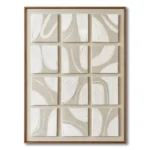Grid of twelve small canvas tiles each with one raised white curved brushstroke on beige-tan linen, natural wood frame