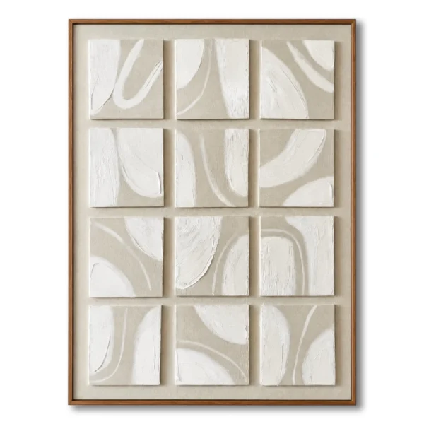 Grid of twelve small canvas tiles each with one raised white curved brushstroke on beige-tan linen, natural wood frame