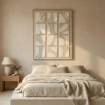 Gestural abstract hand-painted canvas with flowing cream and beige brushstrokes in grid composition, contemporary bedroom