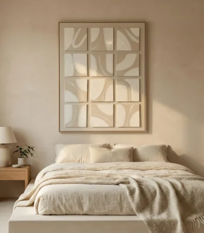 Gestural abstract hand-painted canvas with flowing cream and beige brushstrokes in grid composition, contemporary bedroom