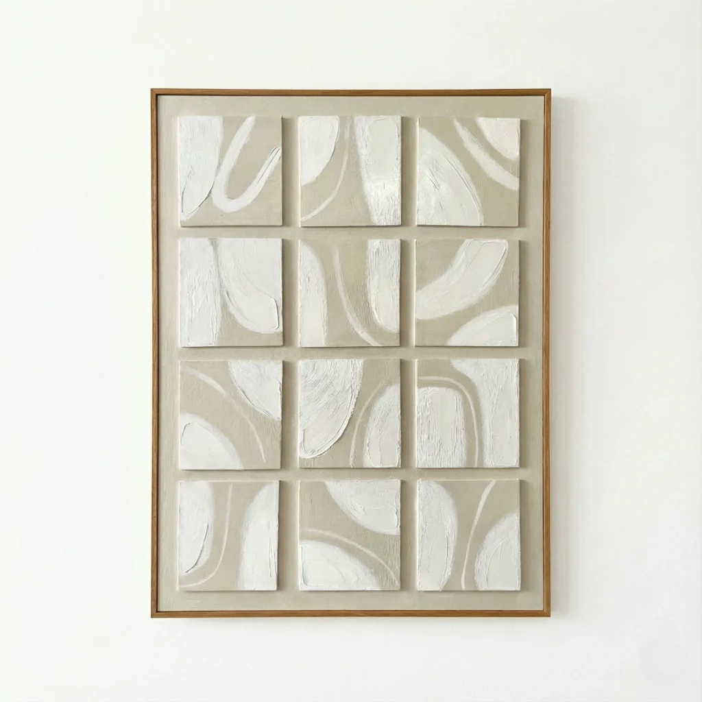Minimalist hand-painted canvas with twelve abstract panels in cream and white gestural brushstrokes, contemporary wall space