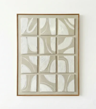 Minimalist hand-painted canvas with twelve abstract panels in cream and white gestural brushstrokes, contemporary wall space
