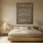 Minimalist textured hand-painted canvas with horizontal linear relief marks in warm beige and cream tones, modern bedroom