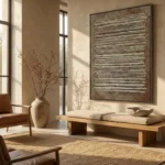 Textured abstract hand-painted canvas with horizontal cream and metallic striations on weathered brown ground, contemporary living space