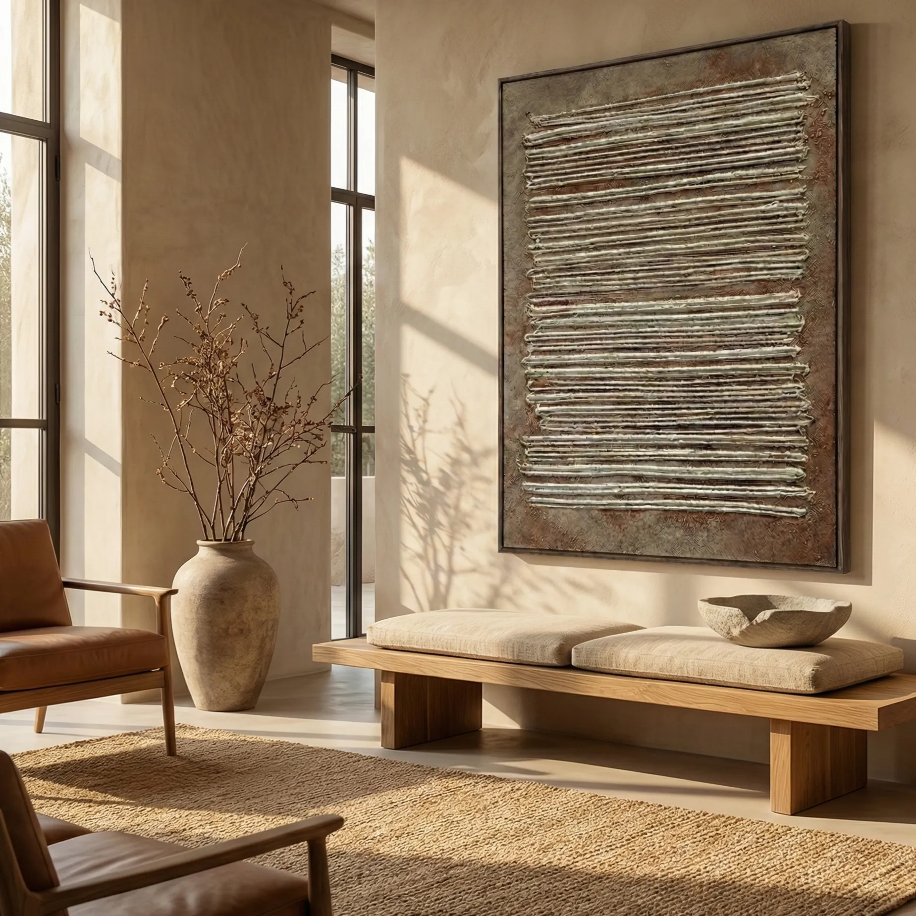 Textured abstract hand-painted canvas with horizontal cream and metallic striations on weathered brown ground, contemporary living space
