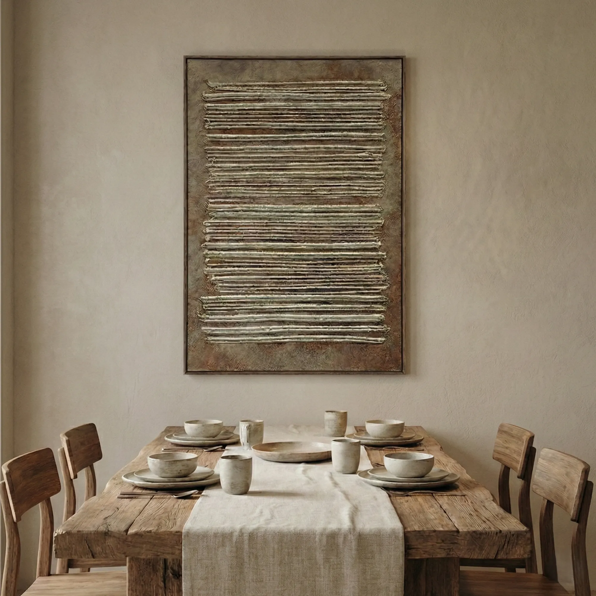 Earthy Linear Rustic brown and white lines Wabi Sabi wall art (5) Textured abstract hand-painted canvas with horizontal linear relief marks in warm metallic gold and cream tones, contemporary dining space