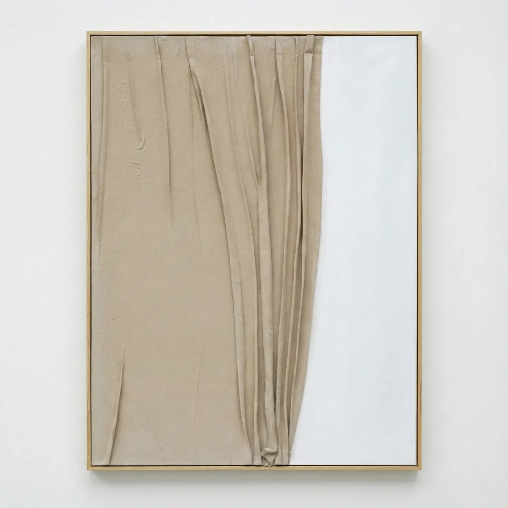 Minimalist hand-painted canvas with draped beige fabric and negative white space, monochromatic neutral palette