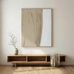 Minimalist hand-painted canvas with flowing draped fabric and negative space in soft beige and cream tones, contemporary interior