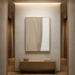 Minimalist hand-painted canvas with gestural curtain folds in soft beige and cream tones, contemporary entryway