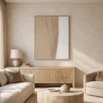 Minimalist hand-painted canvas with draped fabric and gestural lines in warm beige and cream tones, contemporary living space